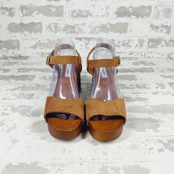 New Steve Madden Alabama Platform Suede Tan Strap Wooden Studded Sandals F904 - Picture 7 of 11